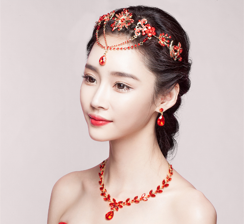 中式三件套裝敬酒服額飾，優(yōu)美盤發(fā)配飾發(fā)飾