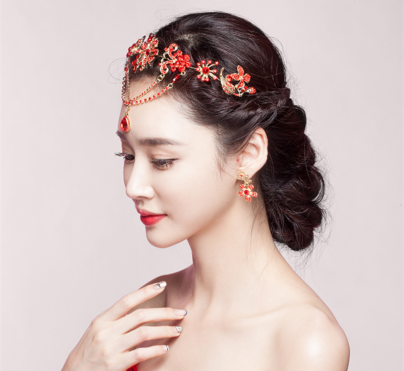 中式三件套裝敬酒服額飾，優(yōu)美盤發(fā)配飾發(fā)飾