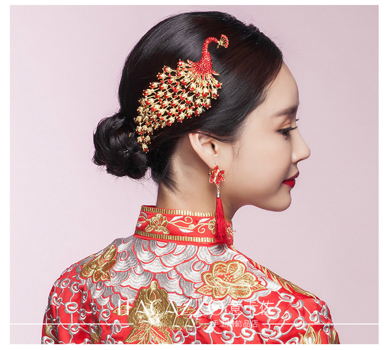 金色中式新娘鳳凰頭飾，盤發(fā)插梳敬酒服發(fā)飾
