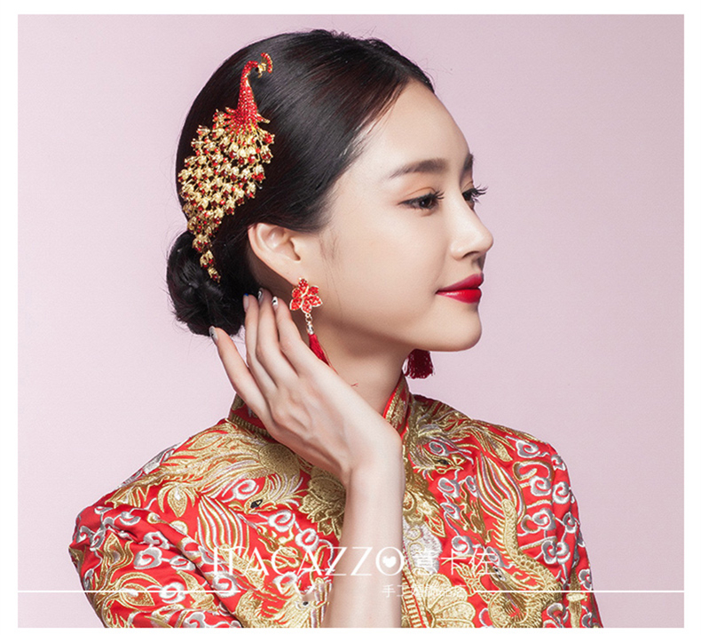 金色中式新娘鳳凰頭飾，盤發(fā)插梳敬酒服發(fā)飾