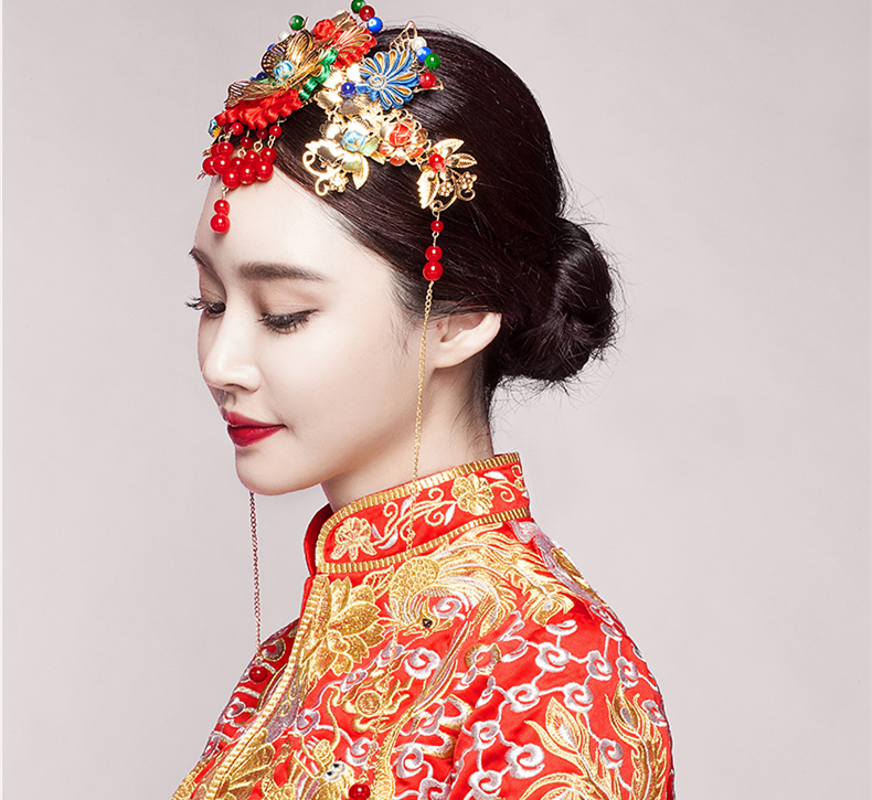 五彩金片花朵紅珠頭飾，新娘精美發(fā)飾