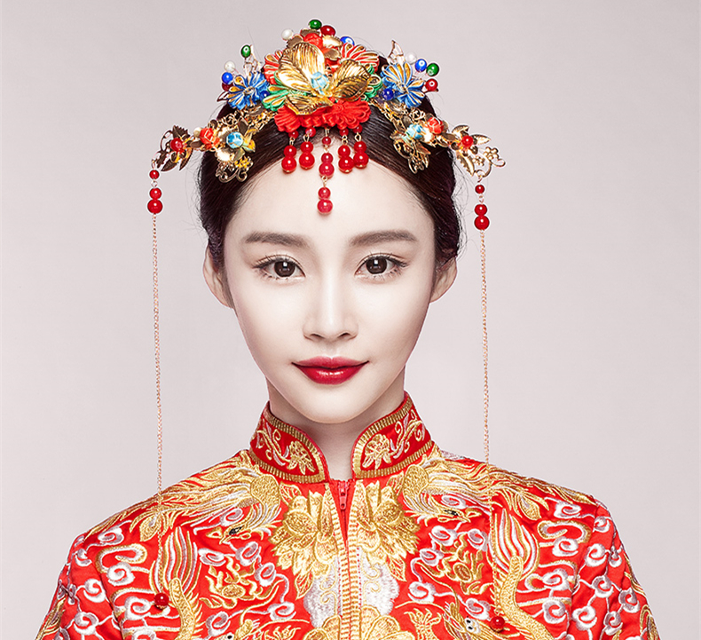 五彩金片花朵紅珠頭飾，新娘精美發(fā)飾