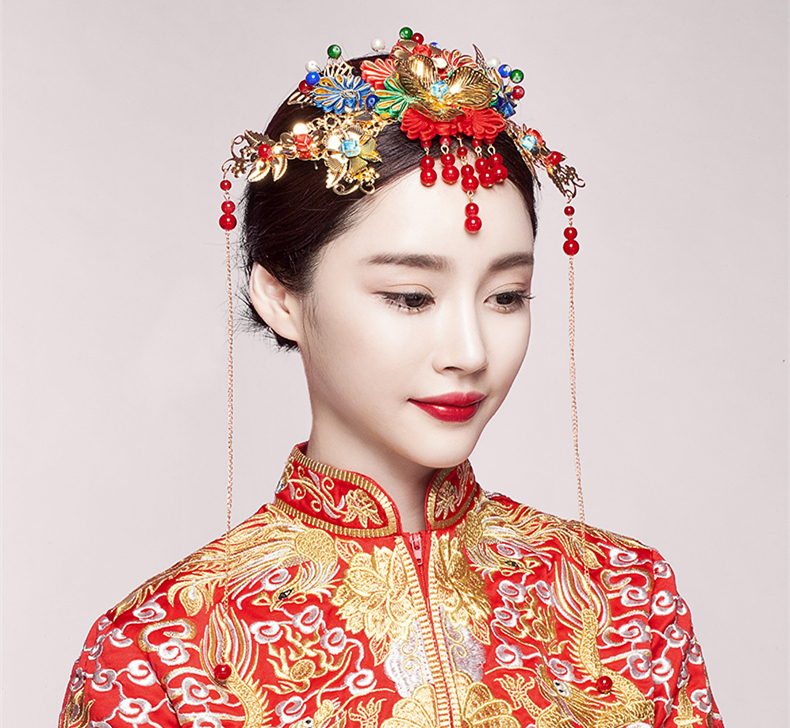 五彩金片花朵紅珠頭飾，新娘精美發(fā)飾