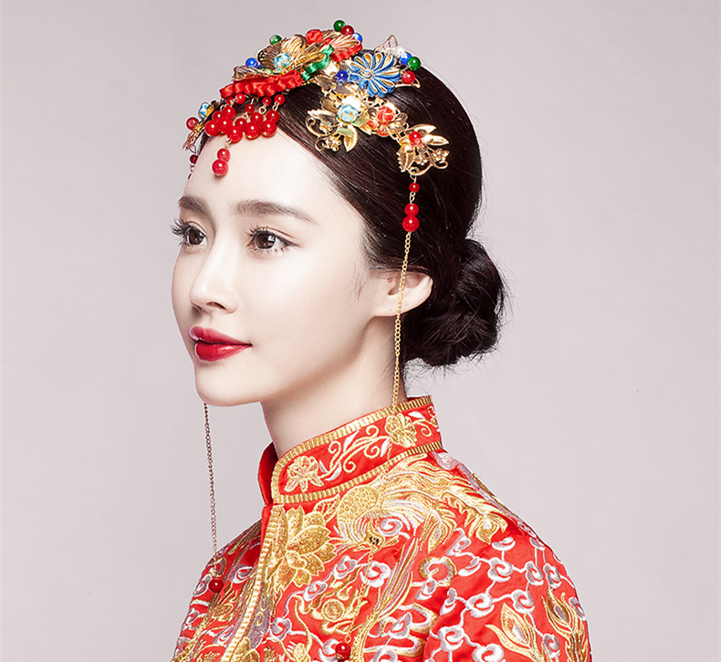 五彩金片花朵紅珠頭飾，新娘精美發(fā)飾