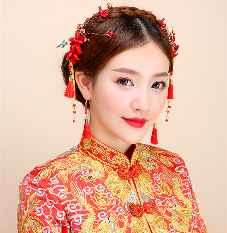 紅色頭飾邊夾耳鉤套裝，2017新款新娘配色