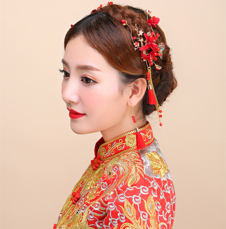 紅色頭飾邊夾耳鉤套裝，2017新款新娘配色