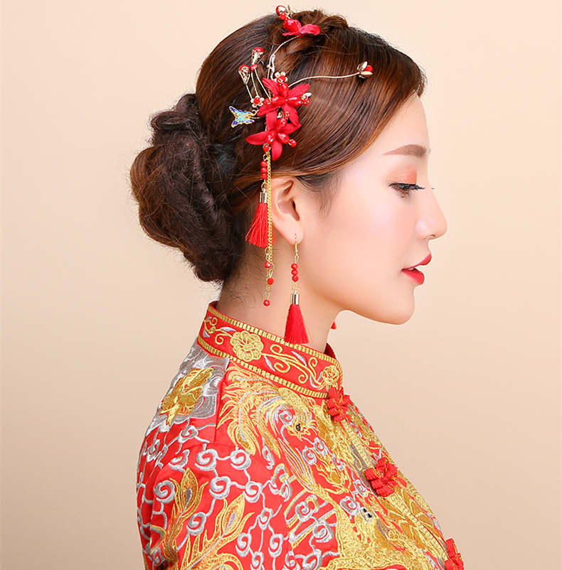 紅色頭飾邊夾耳鉤套裝，2017新款新娘配色