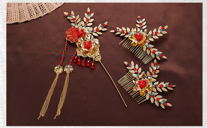 手工精美發(fā)飾紅雀，古代紅色中式發(fā)插