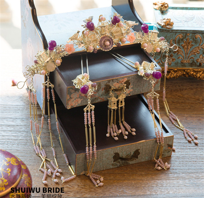 紫色串珠流蘇鳳冠結(jié)婚頭飾，中式古裝發(fā)飾