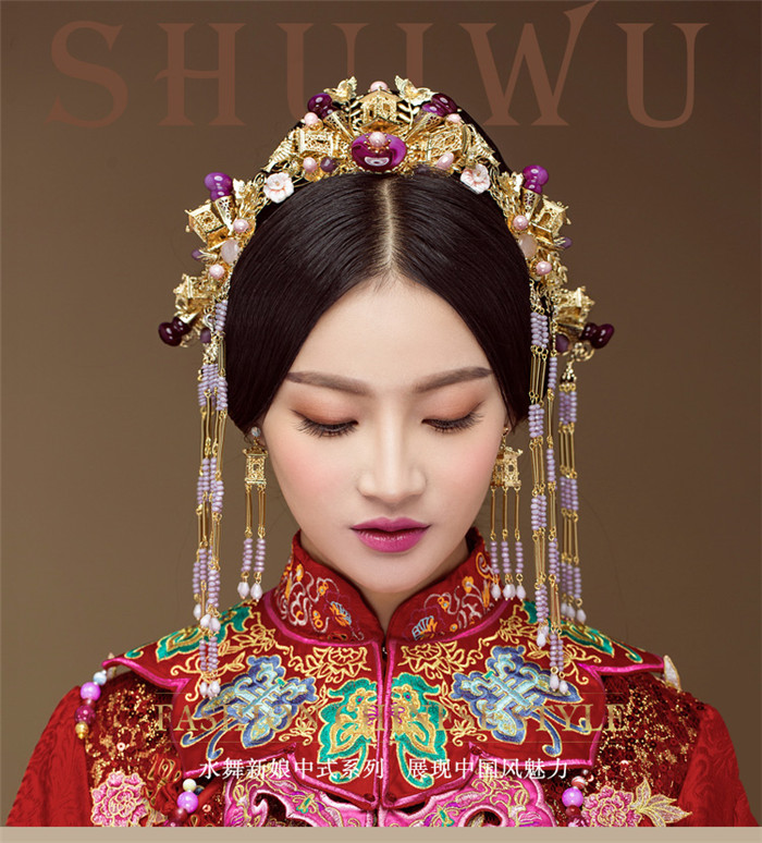 紫色串珠流蘇鳳冠結(jié)婚頭飾，中式古裝發(fā)飾