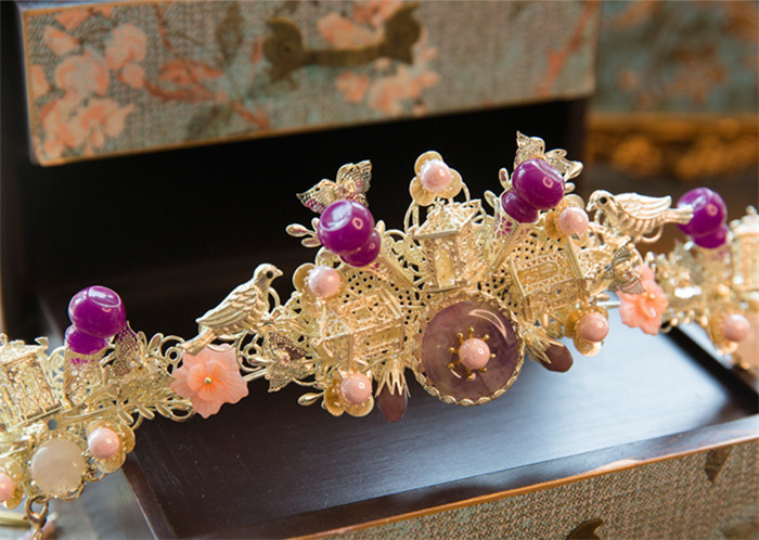 紫色串珠流蘇鳳冠結(jié)婚頭飾，中式古裝發(fā)飾