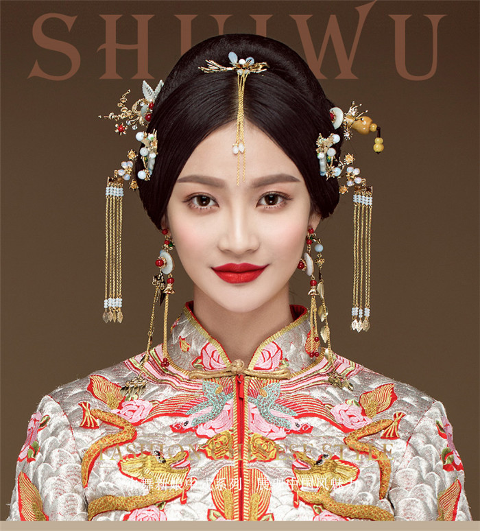 古玉串珠中式流蘇頭飾，新娘古裝發(fā)飾套裝