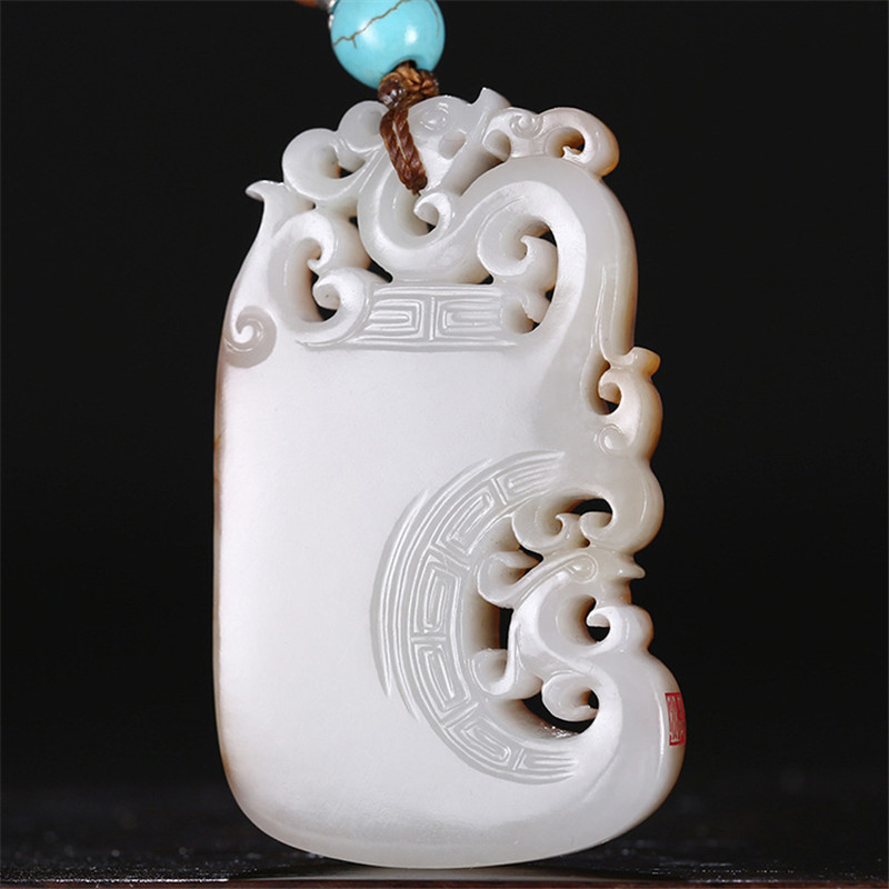 龍鳳圖騰雕刻和田玉，羊脂玉籽料掛件