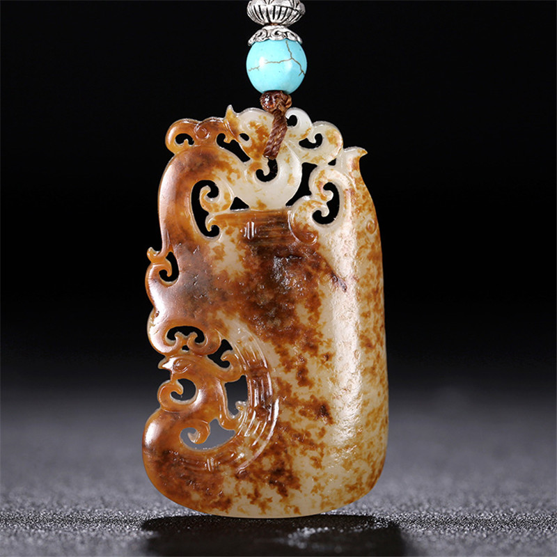 龍鳳圖騰雕刻和田玉，羊脂玉籽料掛件