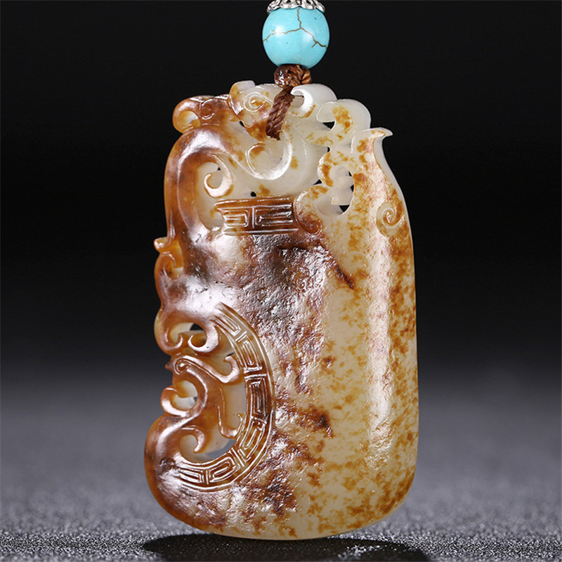 龍鳳圖騰雕刻和田玉，羊脂玉籽料掛件