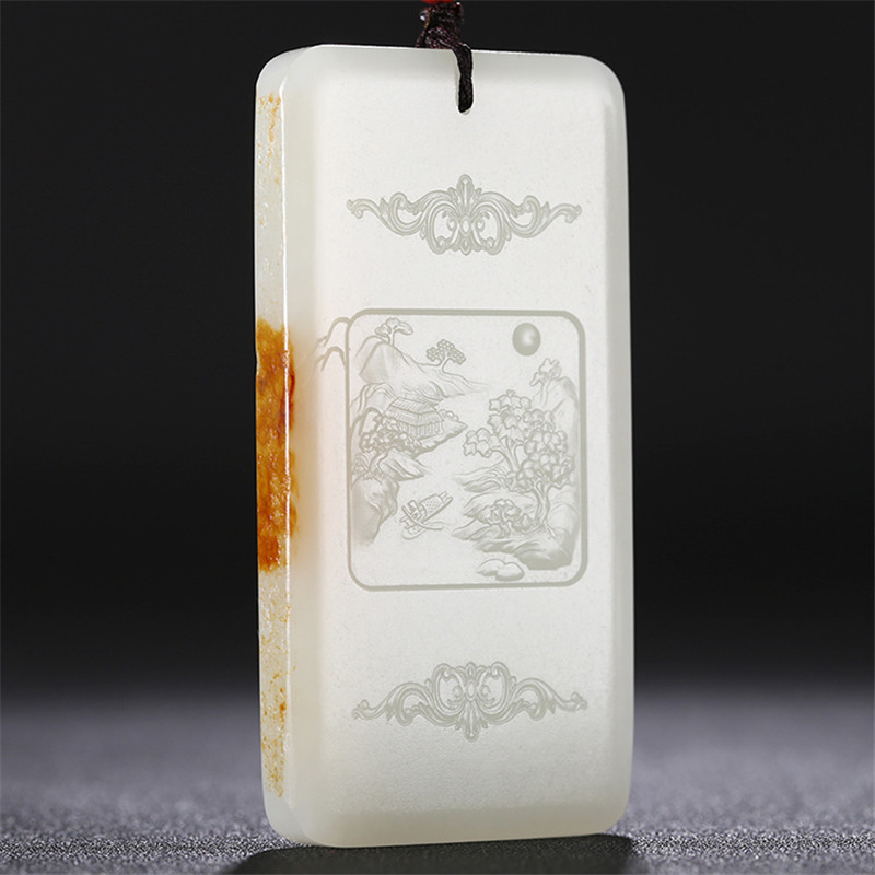 和田玉山水悠然自在掛件，白玉項鏈玉石。