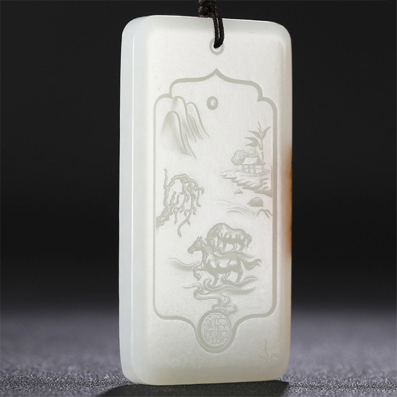 和田玉山水悠然自在掛件，白玉項鏈玉石。