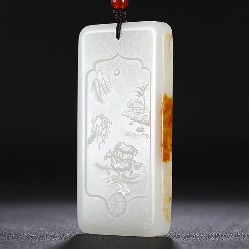 和田玉山水悠然自在掛件，白玉項鏈玉石。