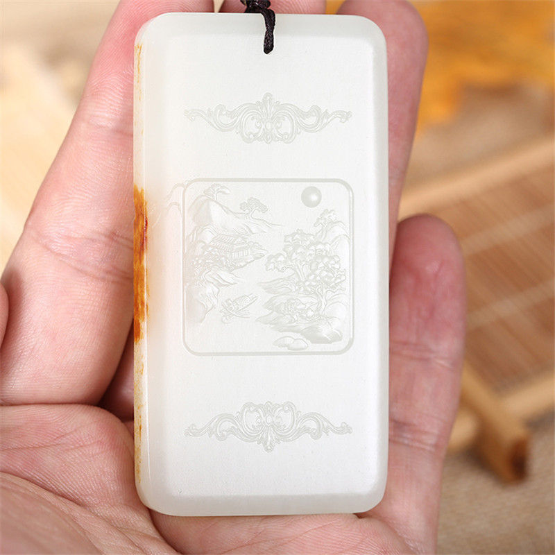 和田玉山水悠然自在掛件，白玉項鏈玉石。