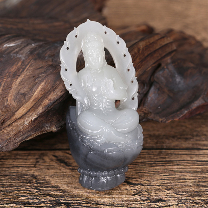 護佑之主和田玉觀音掛件，天然青花籽料掛墜。