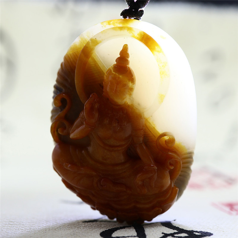 文殊菩薩三色料和田玉掛件，雙面雕刻吊墜