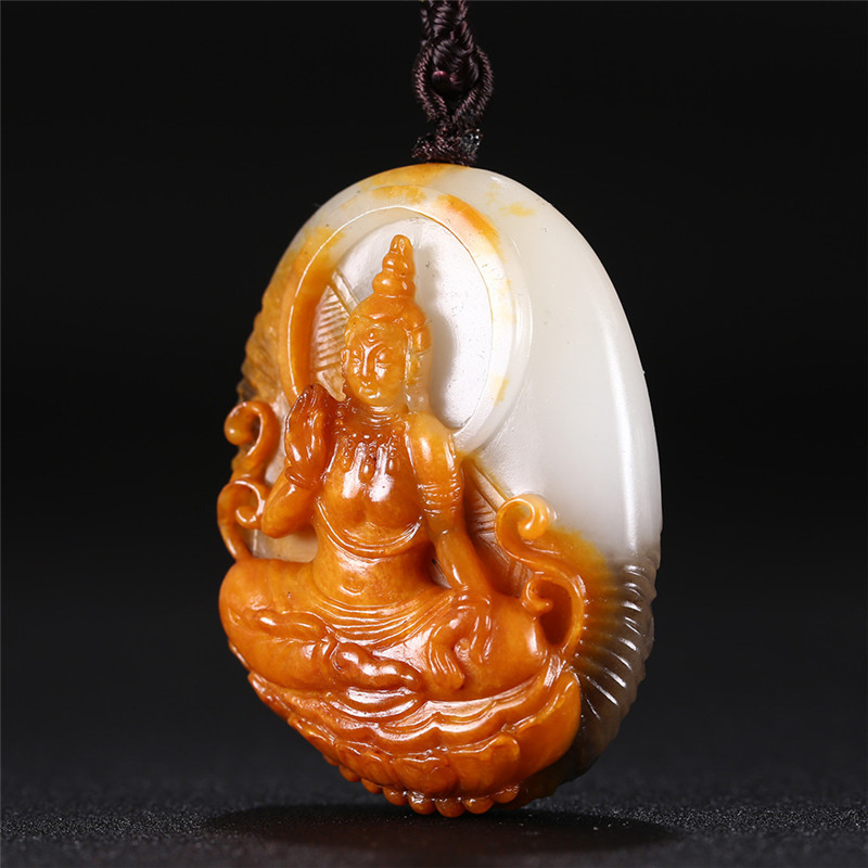文殊菩薩三色料和田玉掛件，雙面雕刻吊墜