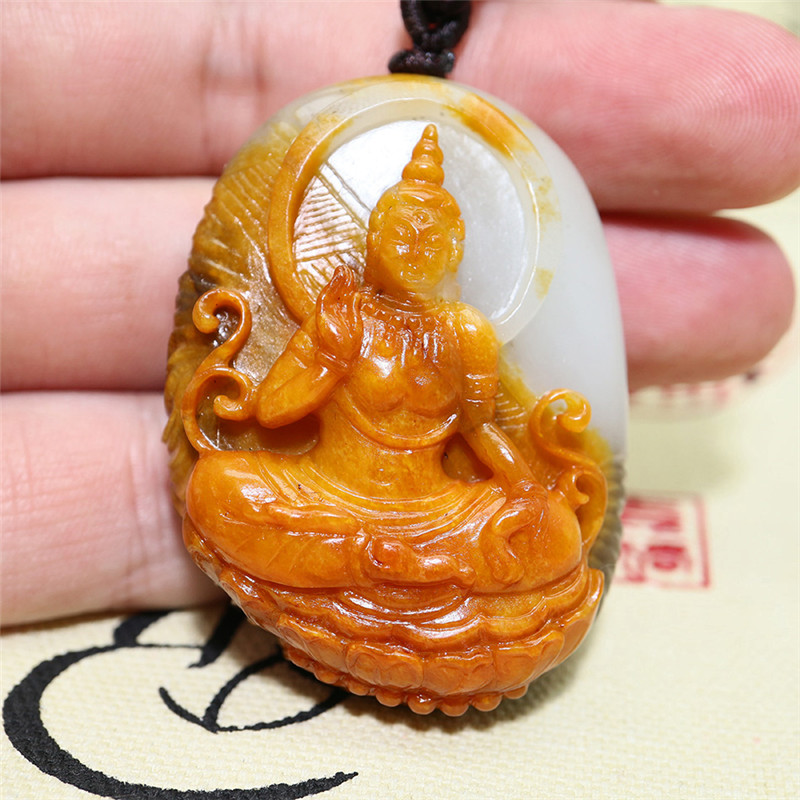 文殊菩薩三色料和田玉掛件，雙面雕刻吊墜