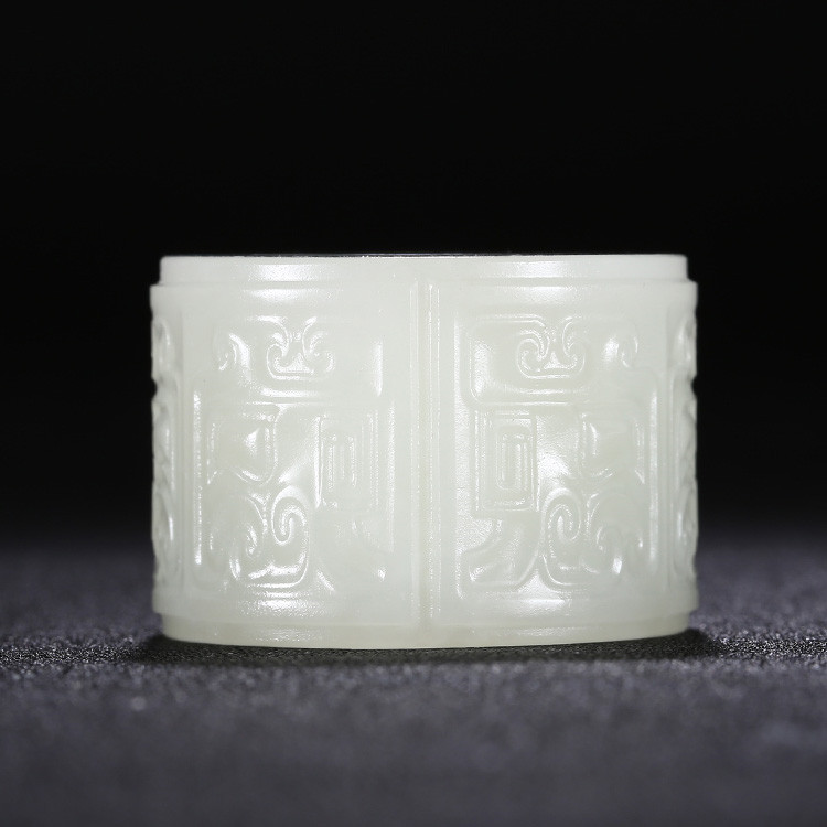 男士如意和田玉扳指，天然白玉手玩件獸面紋蘇