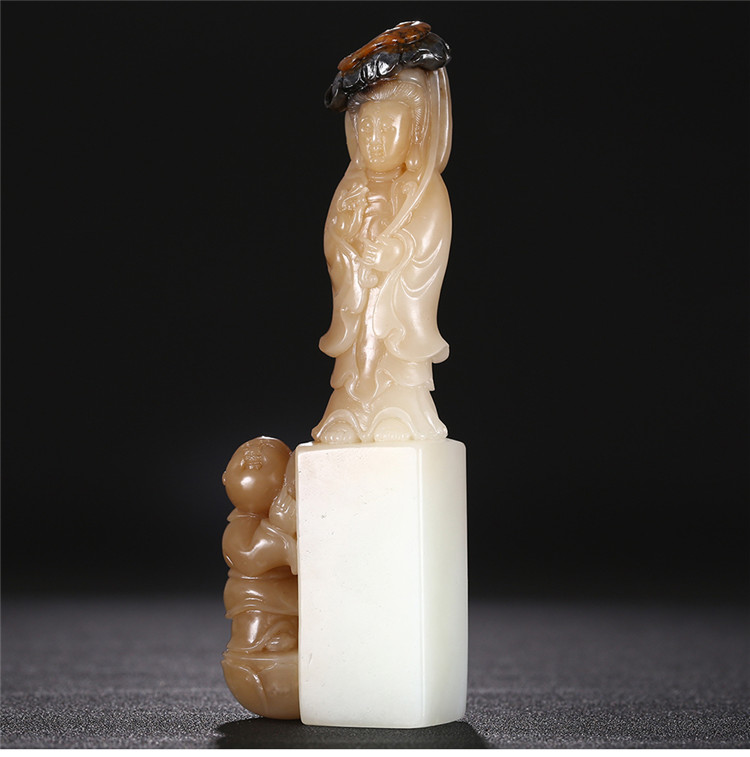 童子拜觀音白玉印章，立體圓雕和田玉手把件