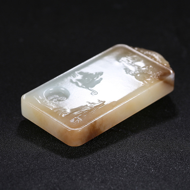神龍送福人間山水玉牌掛件，天然糖白玉項(xiàng)鏈