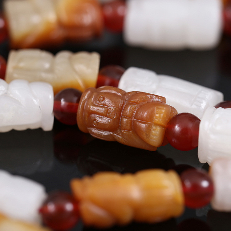 32顆和田玉珠佛像項鏈，真皮玉鏈天然白玉手鏈