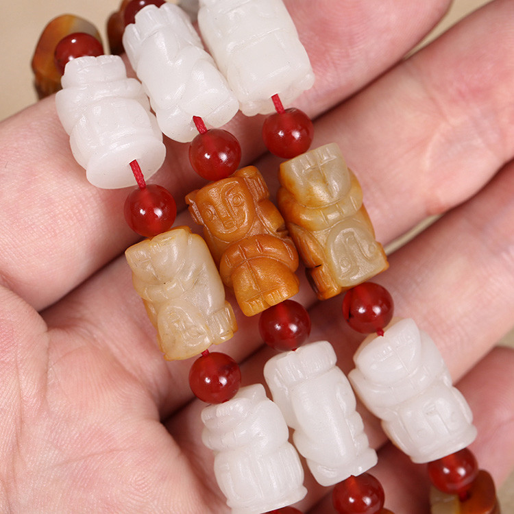 32顆和田玉珠佛像項鏈，真皮玉鏈天然白玉手鏈