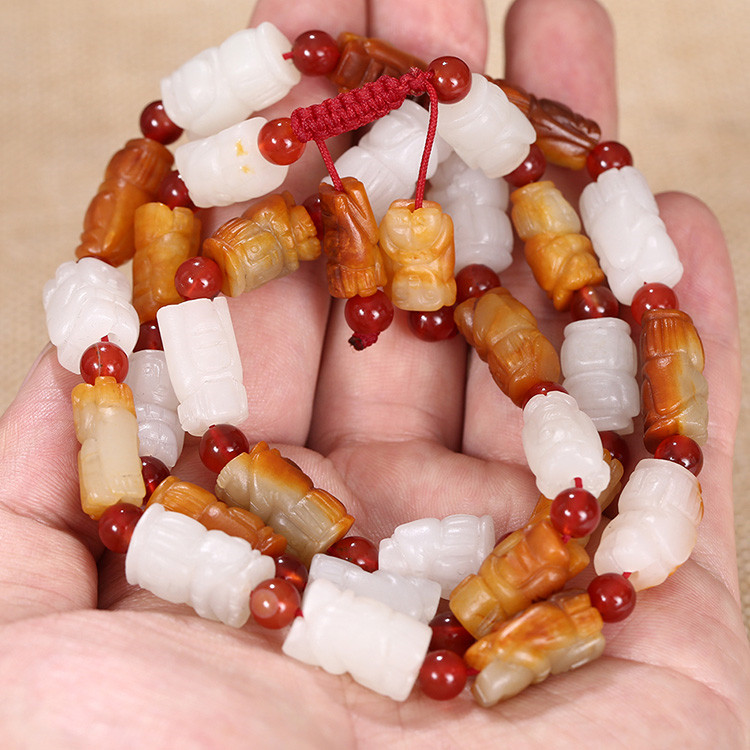 32顆和田玉珠佛像項鏈，真皮玉鏈天然白玉手鏈