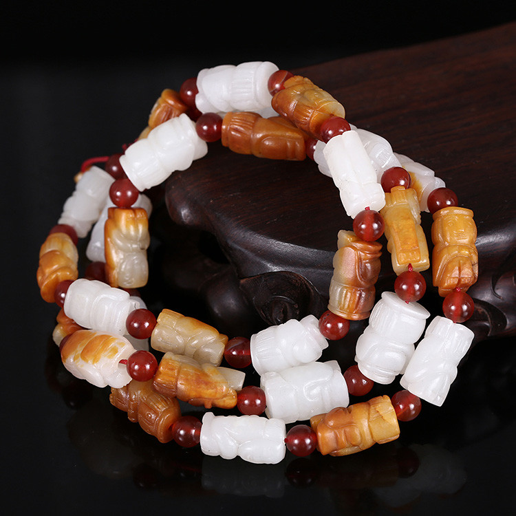 32顆和田玉珠佛像項鏈，真皮玉鏈天然白玉手鏈