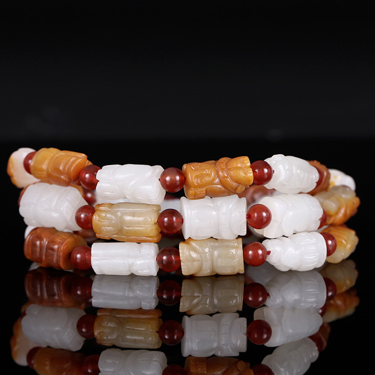 32顆和田玉珠佛像項鏈，真皮玉鏈天然白玉手鏈