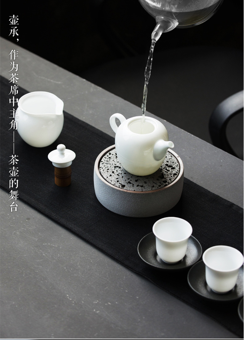 火山石小壺承天然巖石圓形茶托盤，陶瓷茶承儲