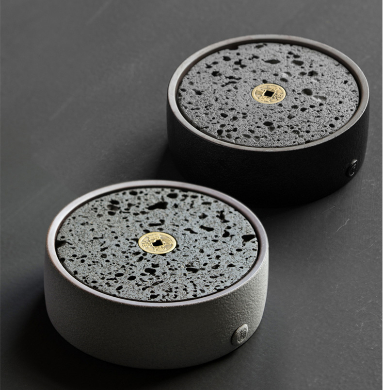 火山石小壺承天然巖石圓形茶托盤，陶瓷茶承儲(chǔ)