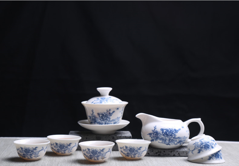 青花瓷茶具套裝禮盒，家用白瓷功夫茶具