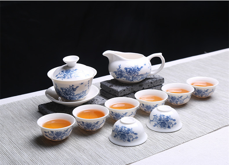 青花瓷茶具套裝禮盒，家用白瓷功夫茶具