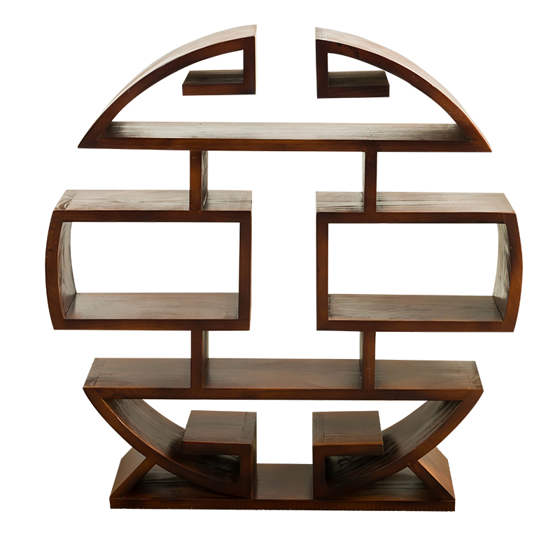 實(shí)木小多寶閣擺件博古架，圓形落地展示置物架