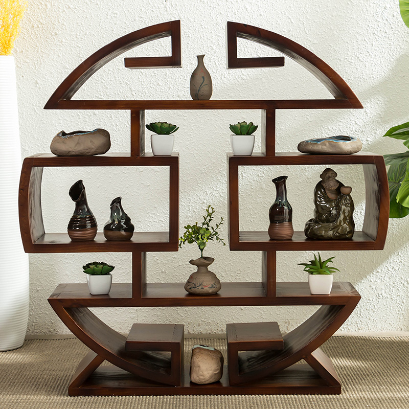 實(shí)木小多寶閣擺件博古架，圓形落地展示置物架