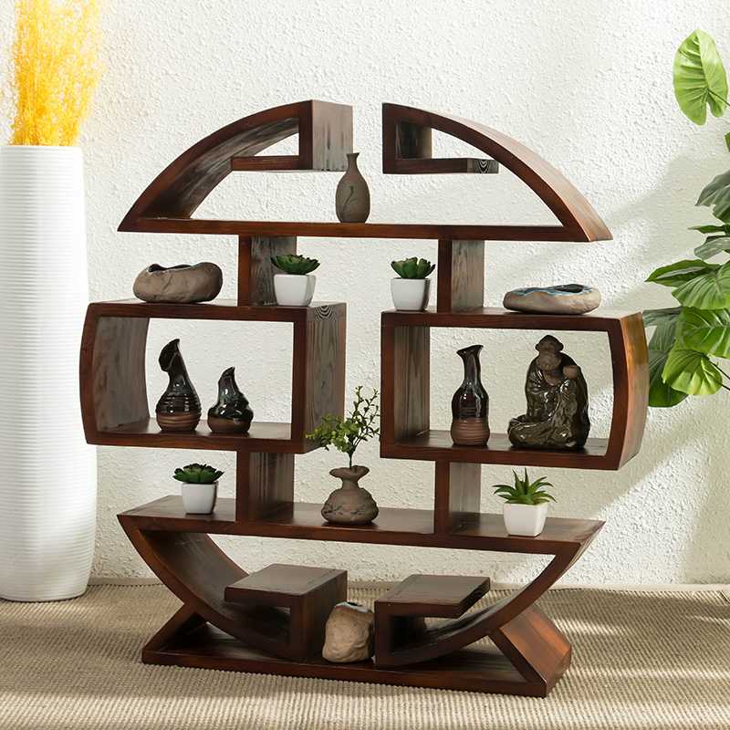 實(shí)木小多寶閣擺件博古架，圓形落地展示置物架