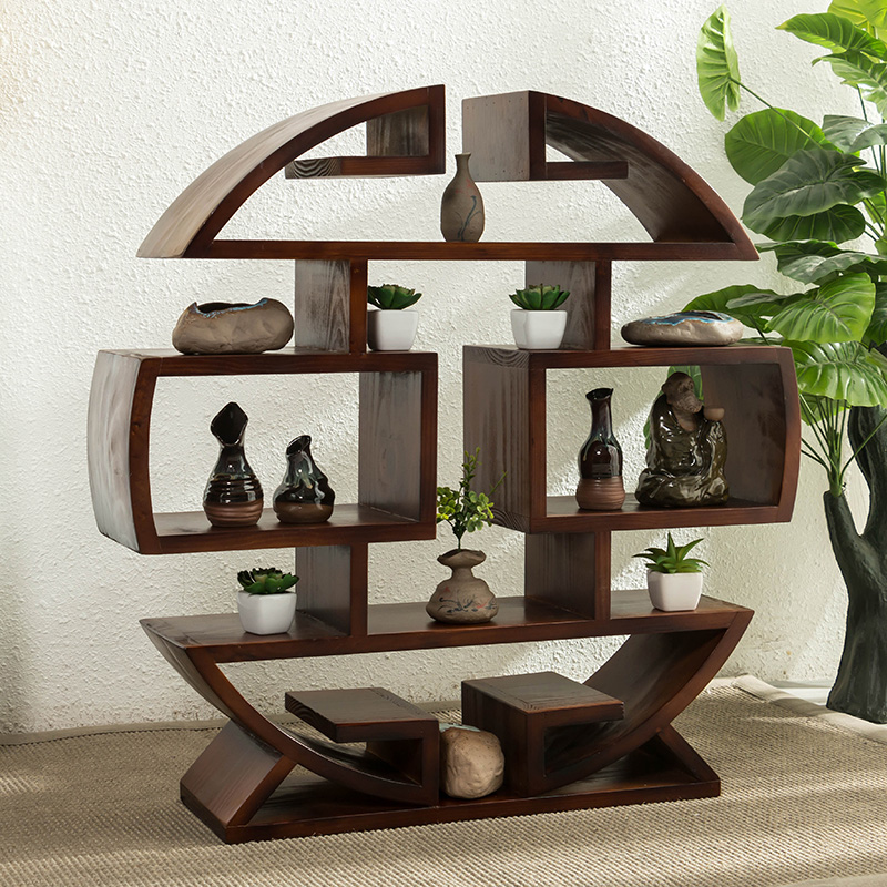 實(shí)木小多寶閣擺件博古架，圓形落地展示置物架