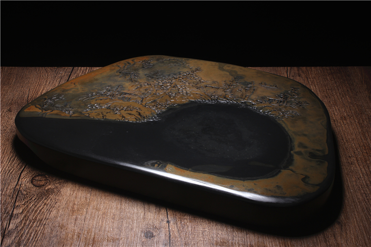 松山雅居歙硯手工精品，老坑金暈原石籽料