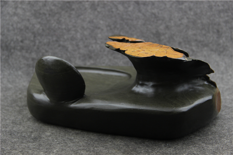 金暈魚子荷葉雕花歙硯，老坑硯臺(tái)龍尾硯