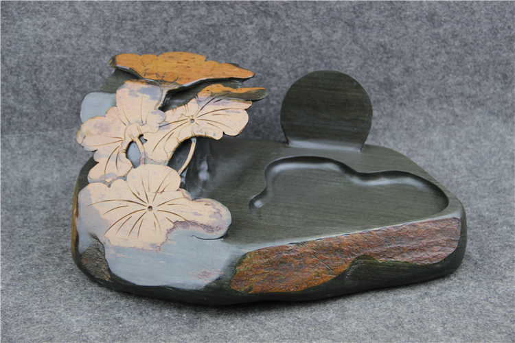 金暈魚子荷葉雕花歙硯，老坑硯臺(tái)龍尾硯