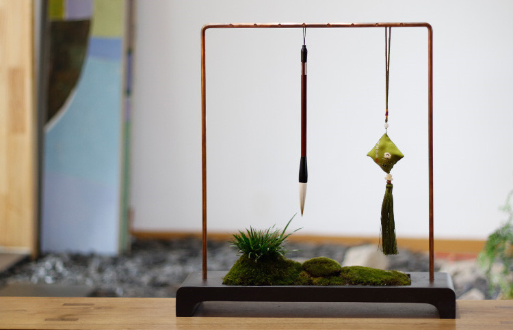 紫銅精品硯石毛筆掛，中式書法擺件筆架