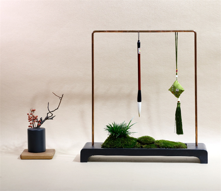 紫銅精品硯石毛筆掛，中式書法擺件筆架