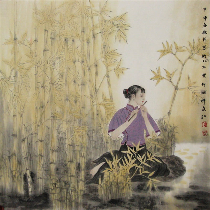 中國(guó)演奏傳統(tǒng)樂(lè)器笛子與簫的國(guó)畫作品