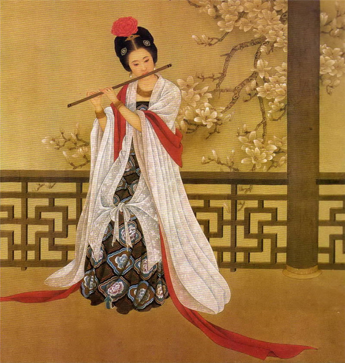 中國(guó)演奏傳統(tǒng)樂(lè)器笛子與簫的國(guó)畫作品